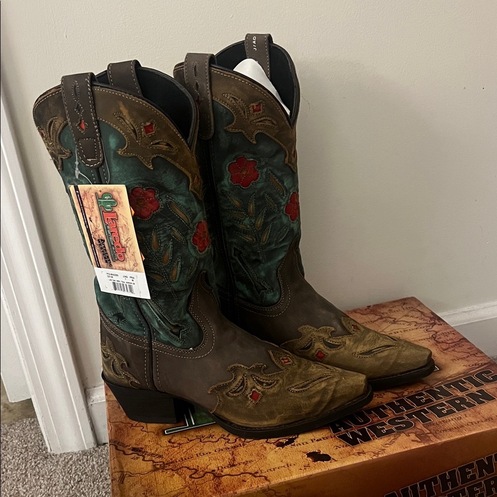 Laredo Brown and Teal Boots with Red Embroidery